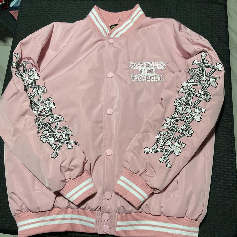 A$$holes Live Forever Varsity Bomber Jacket Mens Large Pink Skull Bones Punk